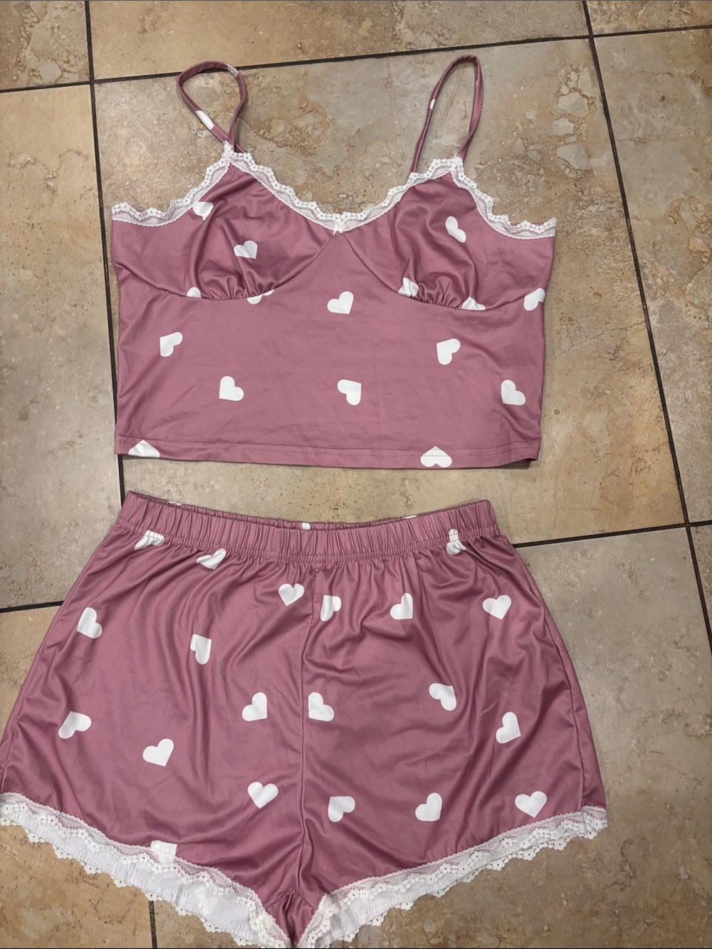 Women's Heart-Print Lace Trim Sleep Set - Dusty Rose